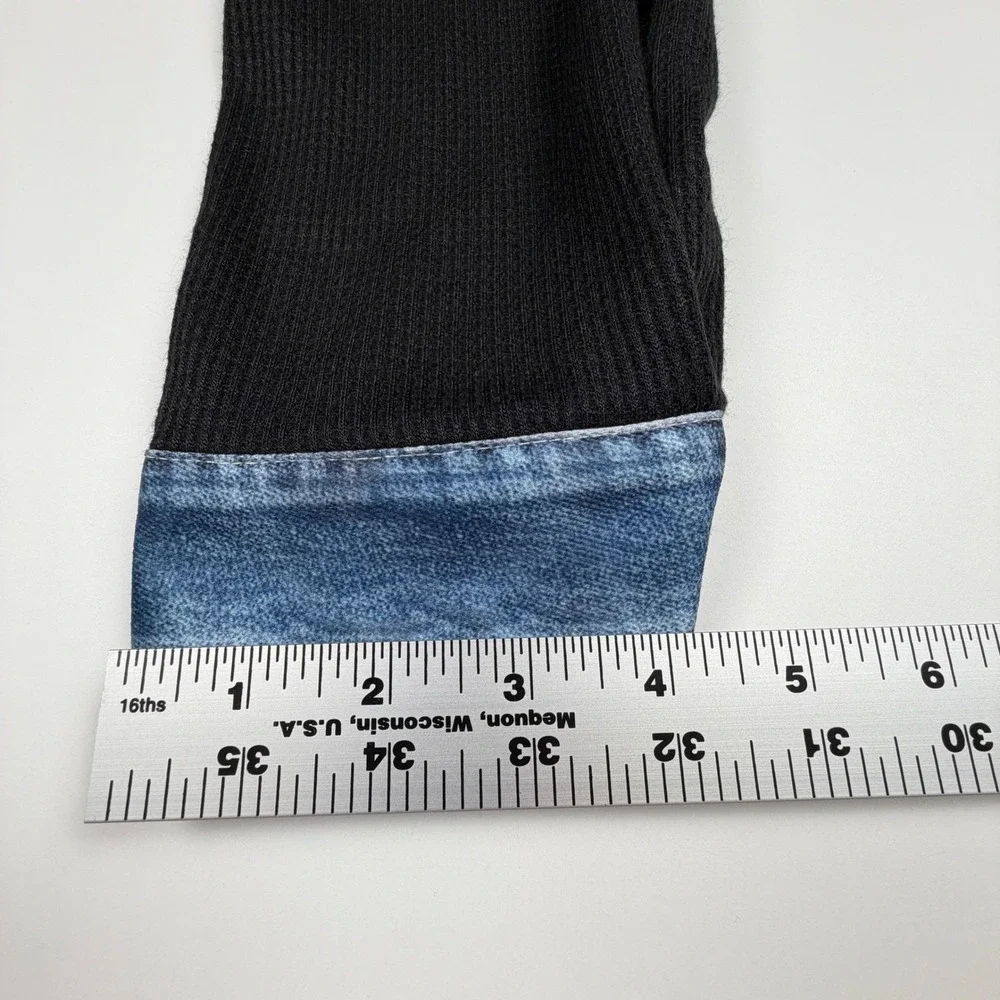 Unbranded Henley Top Women L Black Ribbed Denim Collar Long Sleeve Mixed Media